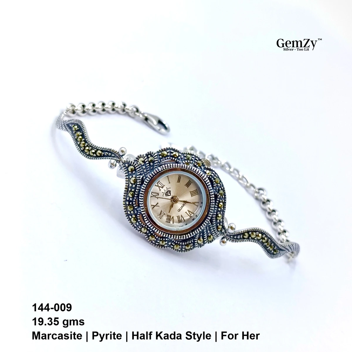 Elegant Ladies Marcasite Half Kada Style Watch